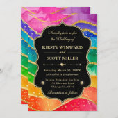 Rainbow Alcohol Ink Gold Glitter Wedding 招待状 (正面/裏面)
