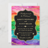 Rainbow Alcohol Ink Gold Glitter Wedding 招待状 (正面)