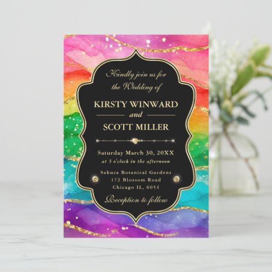 Rainbow Alcohol Ink Gold Glitter Wedding 招待状 (スタンド正面)