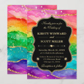 Rainbow Alcohol Ink Gold Glitter Wedding 招待状 (正面/裏面)