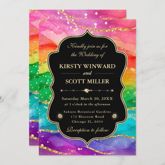 Rainbow Alcohol Ink Gold Glitter Wedding 招待状 (正面/裏面)