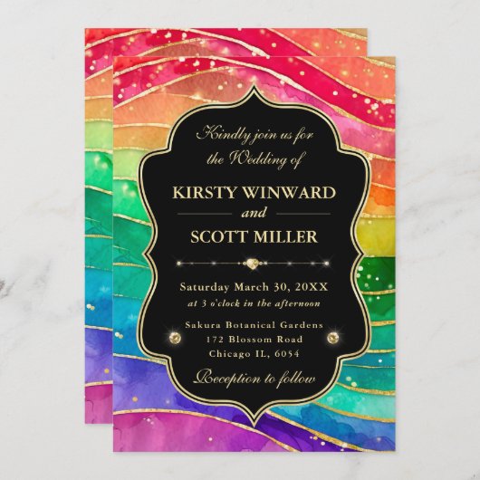 Rainbow Alcohol Ink Gold Glitter Wedding 招待状 (正面/裏面)