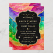 Rainbow Alcohol Ink Gold Glitter Wedding 招待状 (正面/裏面)