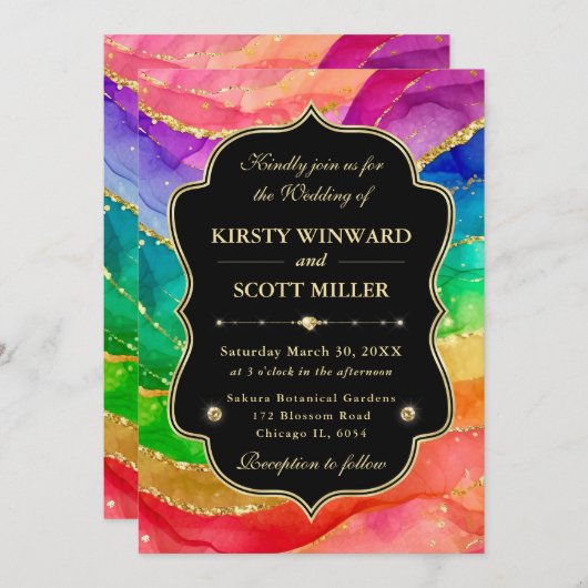 Rainbow Alcohol Ink Gold Glitter Wedding 招待状 (正面/裏面)