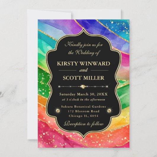 Rainbow Alcohol Ink Gold Glitter Wedding 招待状 (正面)