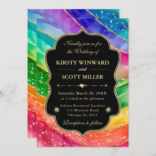 Rainbow Alcohol Ink Gold Glitter Wedding 招待状 (正面/裏面)