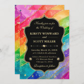 Rainbow Alcohol Ink Gold Glitter Wedding 招待状 (正面/裏面)