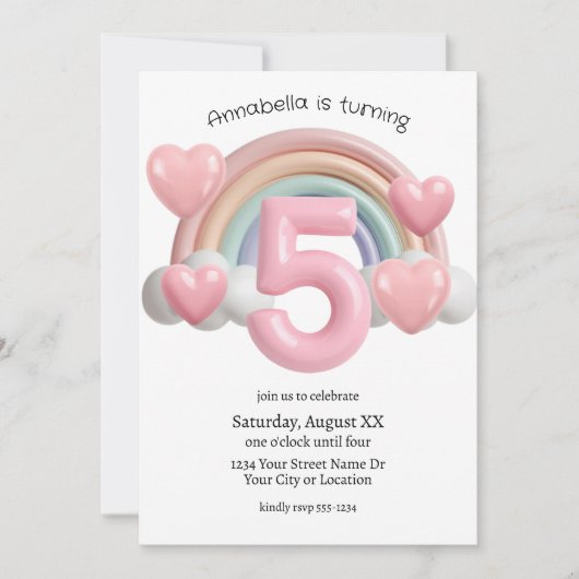 Rainbow and Hearts 3D 5th Birthday Party 招待状 (正面)