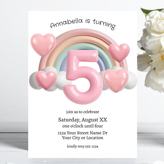 Rainbow and Hearts 3D 5th Birthday Party 招待状
