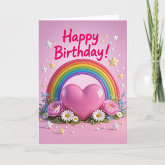 Rainbow and pink love heart birthday カード