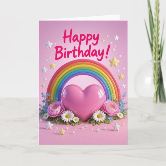 Rainbow and pink love heart birthday カード (正面)