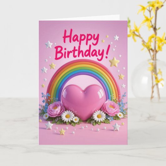 Rainbow and pink love heart birthday カード (黄色い花)