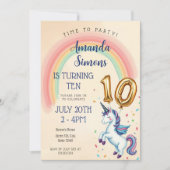Rainbow Arch Unicorn Confetti Girl 10th Birthday 招待状 (正面)