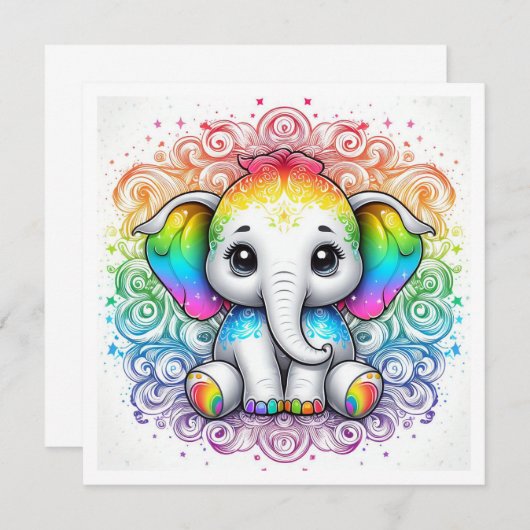 Rainbow baby elephant blank card 招待状 (正面/裏面)