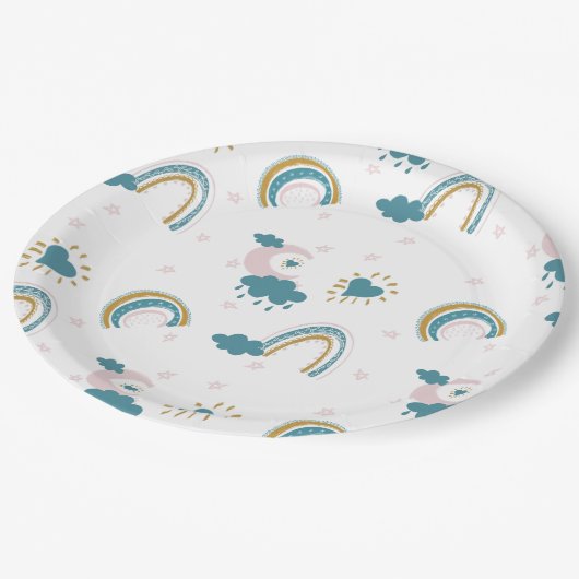 Rainbow Baby Pastel Pattern – Whimsical Nursery ペーパープレート (アングル)