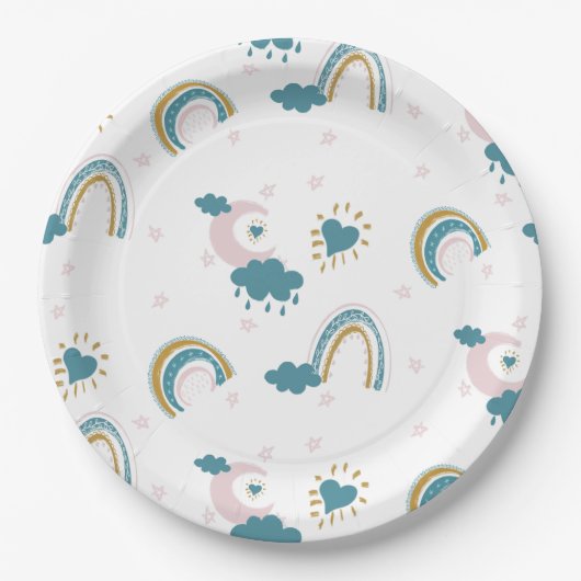 Rainbow Baby Pastel Pattern – Whimsical Nursery ペーパープレート (正面)