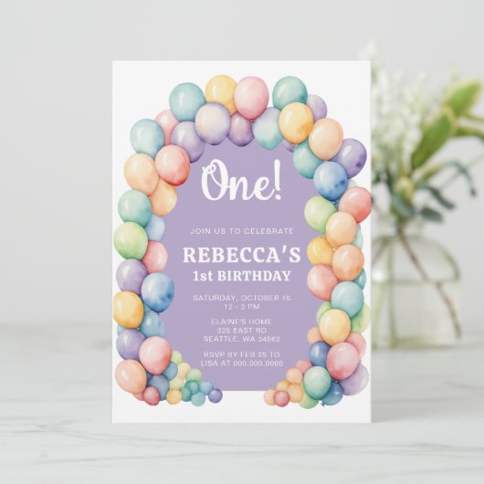 Rainbow Balloon Arch Any Age Birthday 招待状 (スタンド正面)