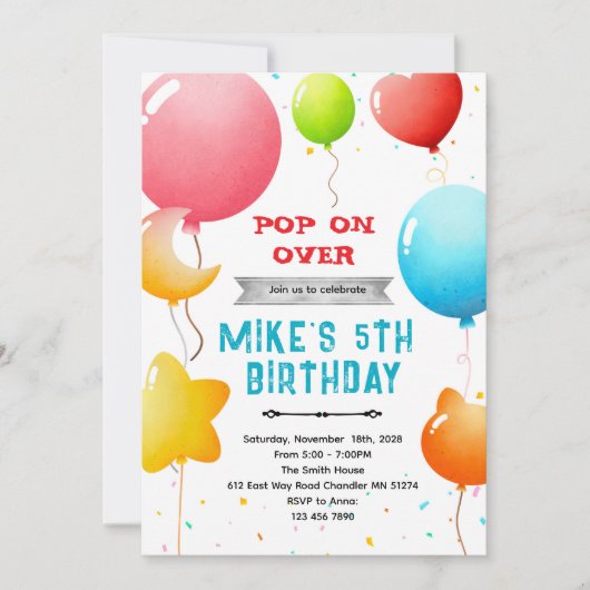 Rainbow Balloons Birthday Invitation 招待状 (正面)