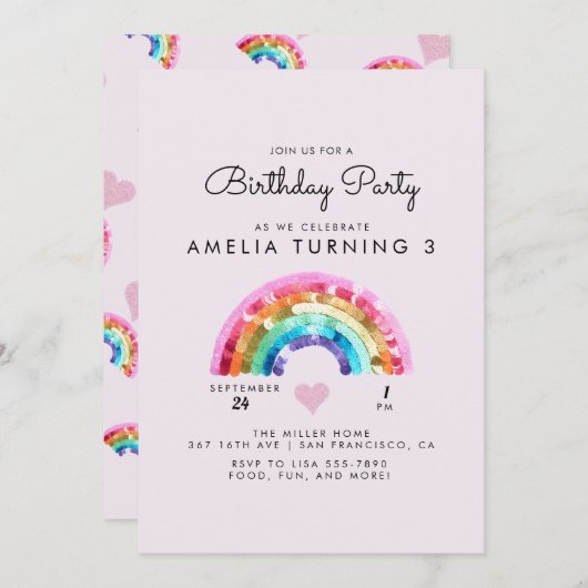  Rainbow Birthday Party 招待状 (正面/裏面)