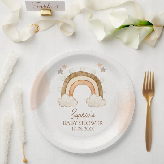 Rainbow Boho Baby Shower Gender Neutral ペーパープレート (ウェディング)