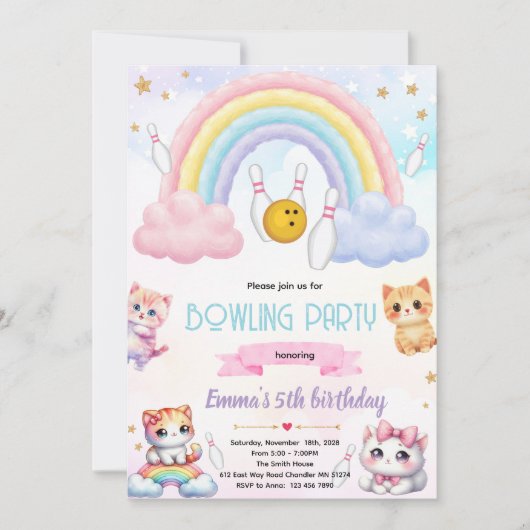 Rainbow bowling cat party invitation 招待状 (正面)