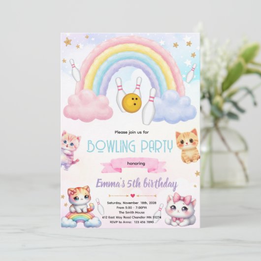 Rainbow bowling cat party invitation 招待状 (スタンド正面)