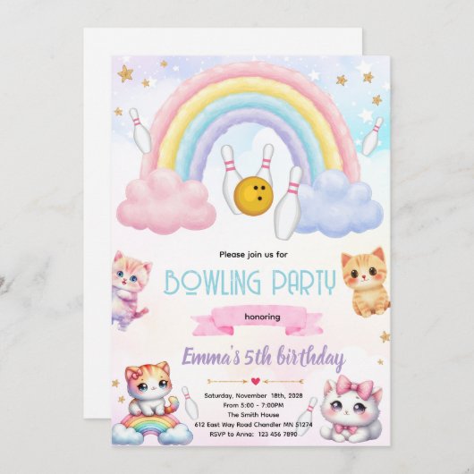 Rainbow bowling cat party invitation 招待状 (正面/裏面)