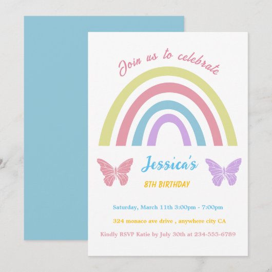 Rainbow & butterfly誕生日for Girls editable 招待状 (正面/裏面)