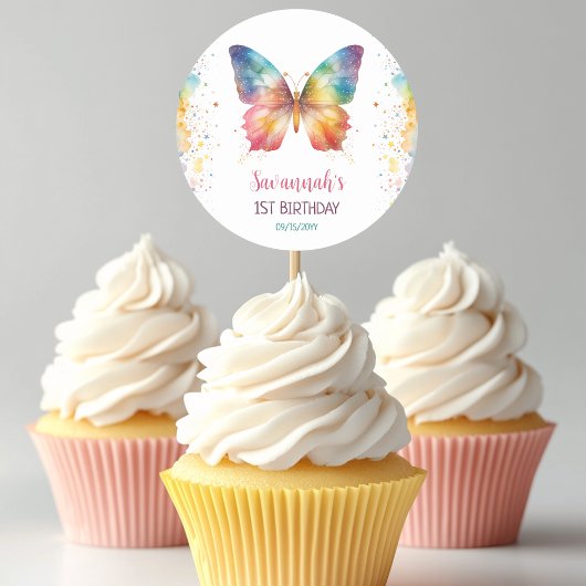 Rainbow Butterfly Birthday ラウンドシール