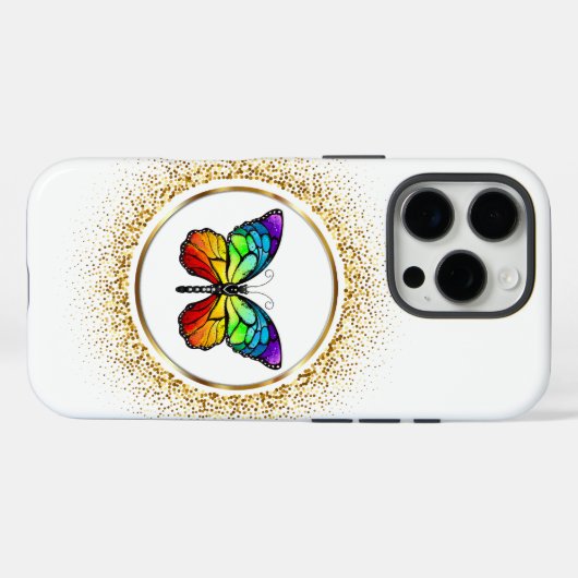 Rainbow Butterfly in a Golden Circle  Case-Mate iPhoneケース (裏面 (横))
