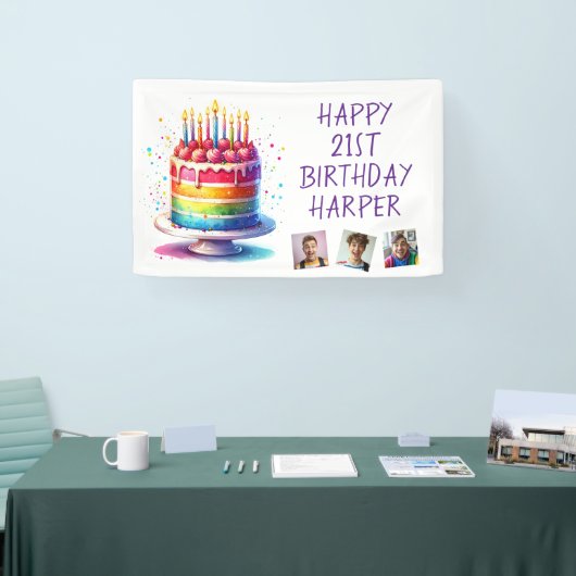 Rainbow Cake Personalized Photo Happy Birthday 横断幕 (トレードショー)