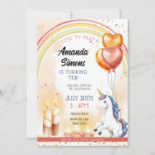 Rainbow Candle Unicorn Heart Girl 10th Birthday 招待状 (正面)