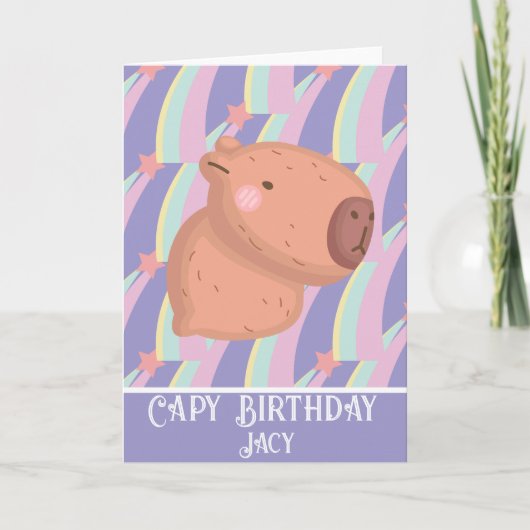 Rainbow Capybara Birthday Cute カード (正面)