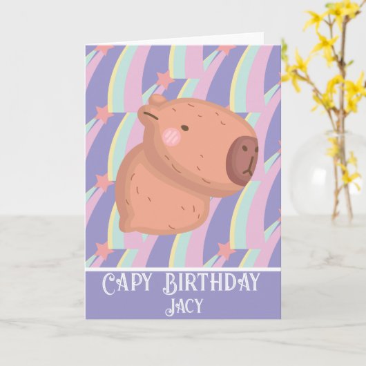 Rainbow Capybara Birthday Cute カード (黄色い花)