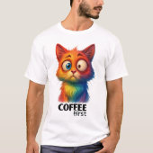 Rainbow Cat Coffee First Funny Art Tシャツ (正面)