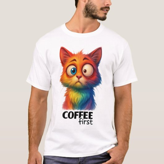 Rainbow Cat Coffee First Funny Art Tシャツ (正面)