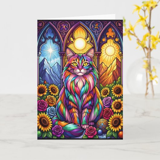 rainbow cat greeting card カード (黄色い花)