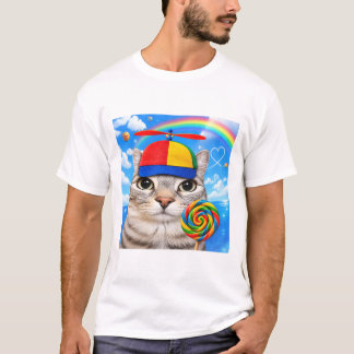 Rainbow Cat With Lollipop Funny Cute Cat Gamer Tシャツ