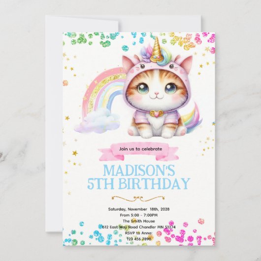  Rainbow Caticorn Birthday invitation 招待状 (正面)