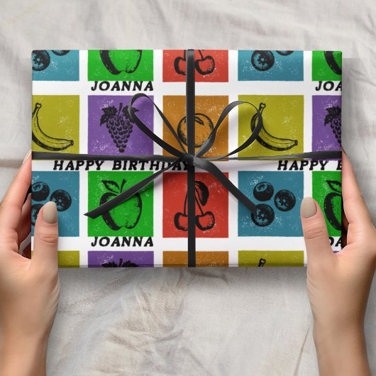 Rainbow Checker Fruit Stamps Happy Birthday Name  ラッピングペーパー