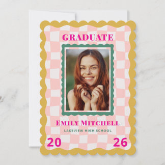 Rainbow Checkered Grad Announcement with Photo 招待状