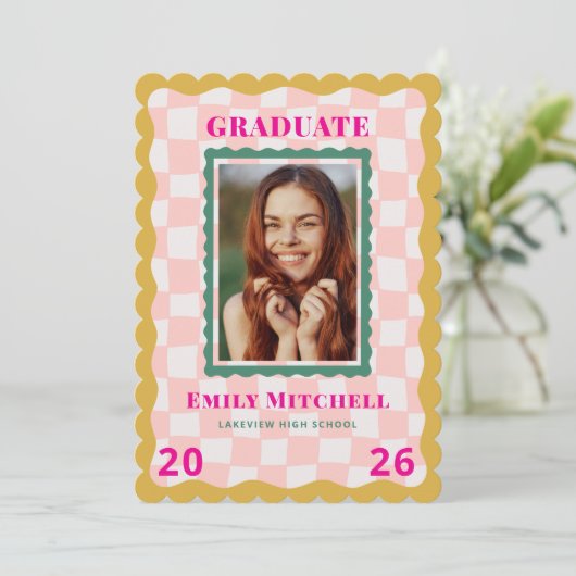 Rainbow Checkered Grad Invitation with Photo 招待状 (スタンド正面)