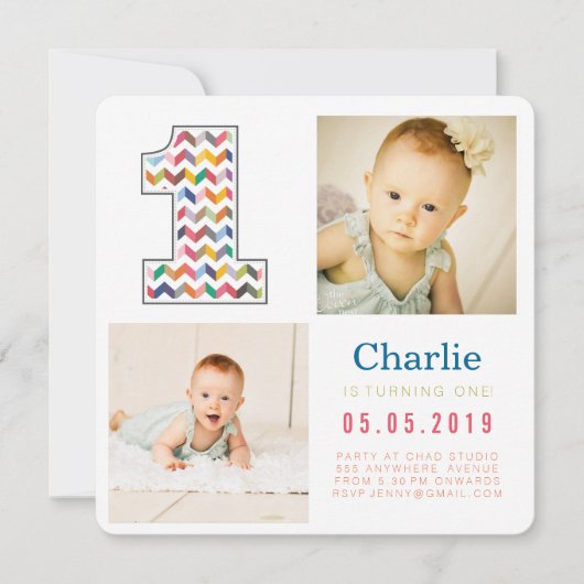 Rainbow Chevron 1st Birthdayフォトカード 招待状 (正面)