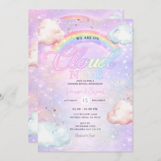 Rainbow Cloud Galaxy Glitter Gender Reveal  招待状 (正面/裏面)