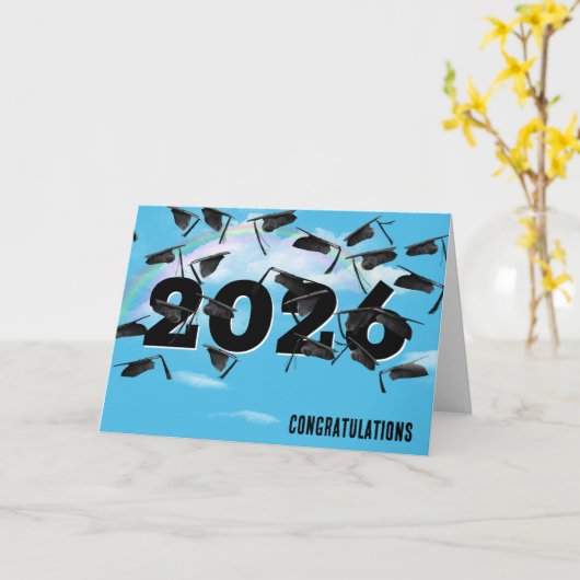 Rainbow Clouds 2026 Black Graduation Hats カード (黄色い花)