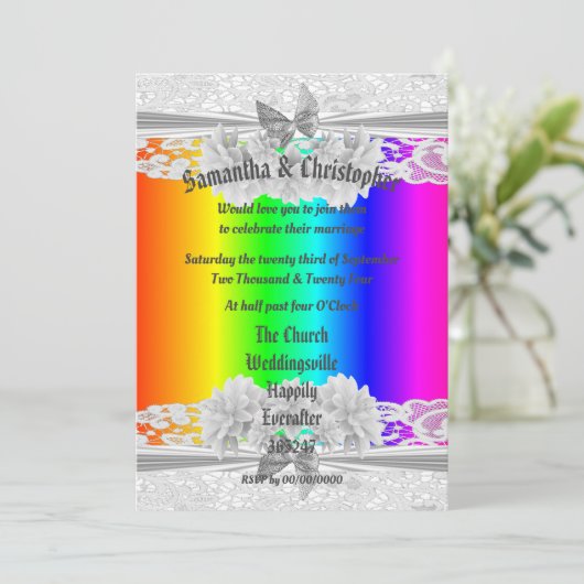 Rainbow coloured lace wedding photo invitation 招待状 (スタンド正面)