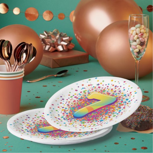 Rainbow Confetti 7th Birthday Napkins Colorful Age ペーパープレート (複数)