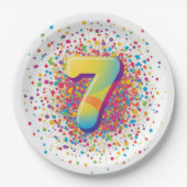Rainbow Confetti 7th Birthday Napkins Colorful Age ペーパープレート (正面)