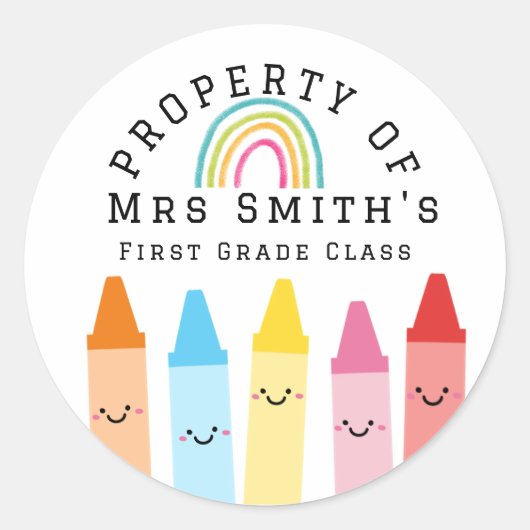 Rainbow Crayons Property Of Classroom Sticker Rain ラウンドシール (正面)