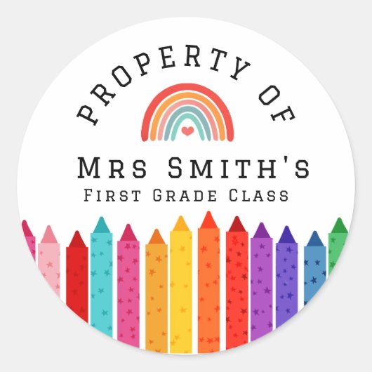 Rainbow Crayons Property Of Classroom Sticker Rain ラウンドシール (正面)